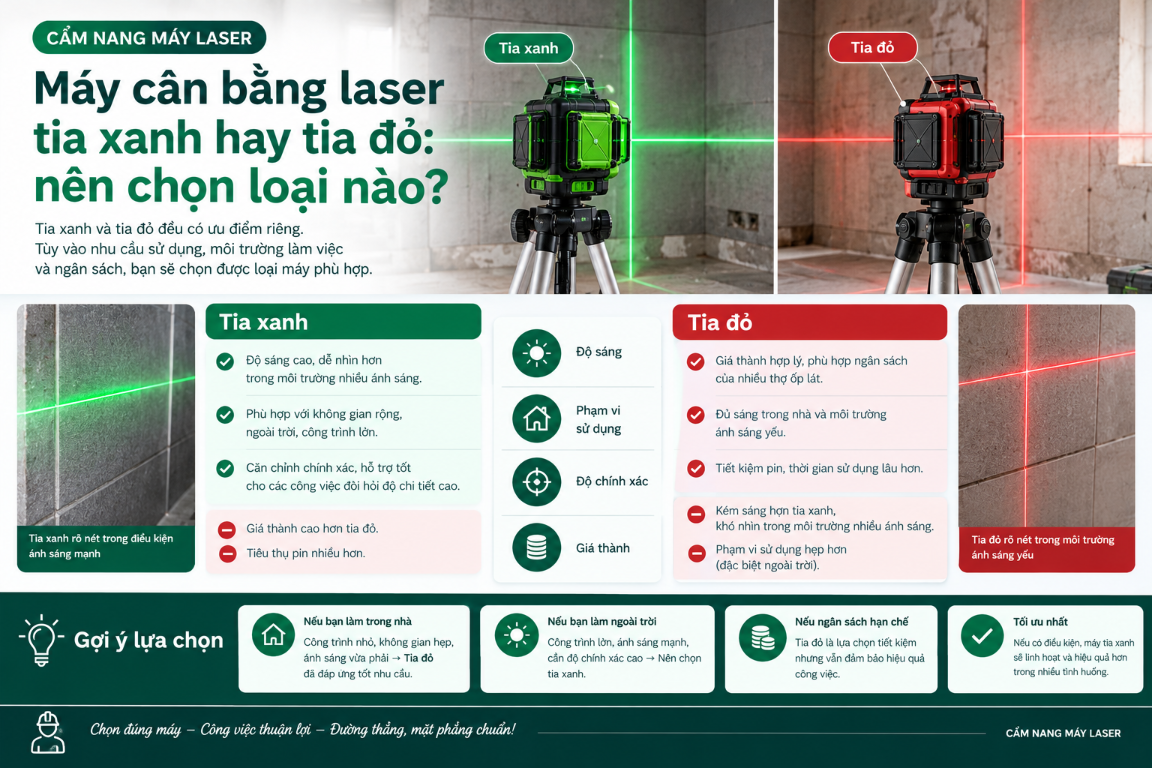 Infographic so sánh máy cân bằng laser tia xanh và tia đỏ theo độ sáng, phạm vi sử dụng và chi phí