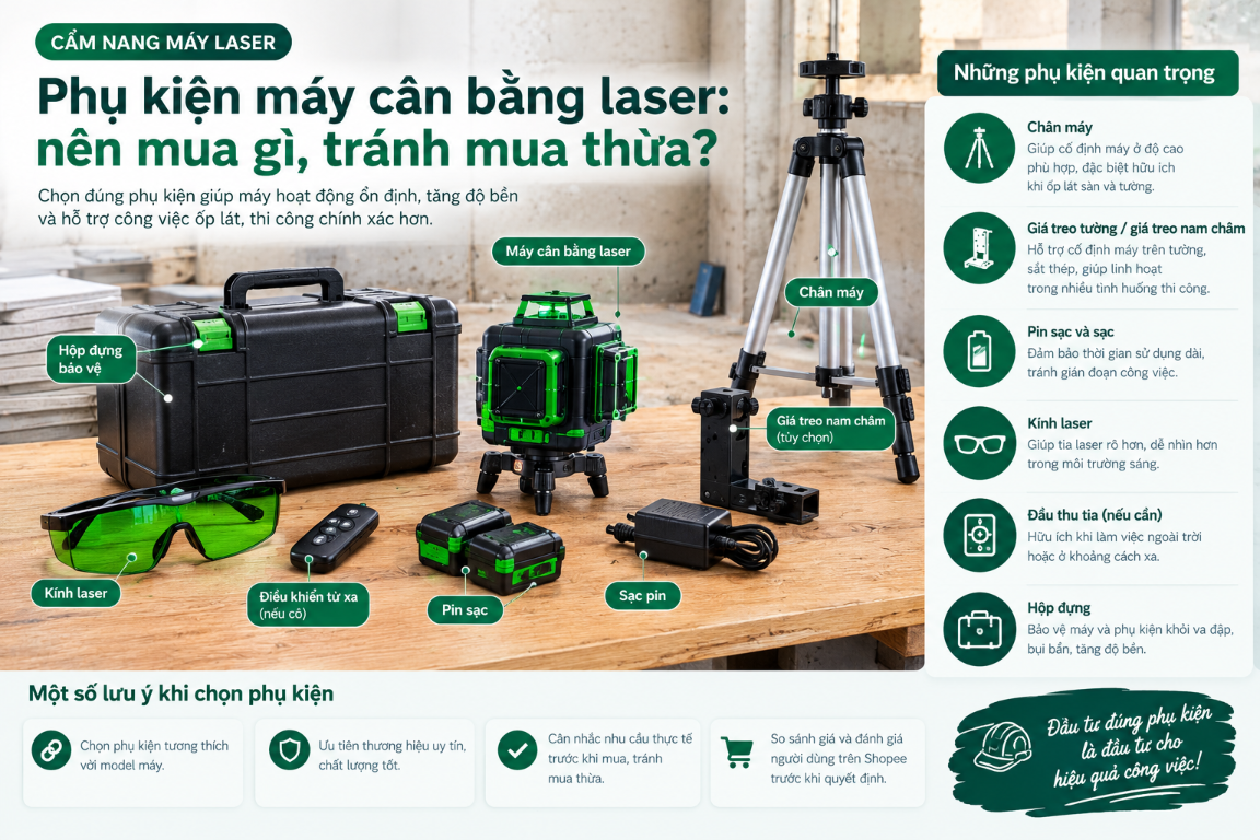 Infographic các phụ kiện máy cân bằng laser quan trọng như chân máy, pin, kính laser và hộp đựng