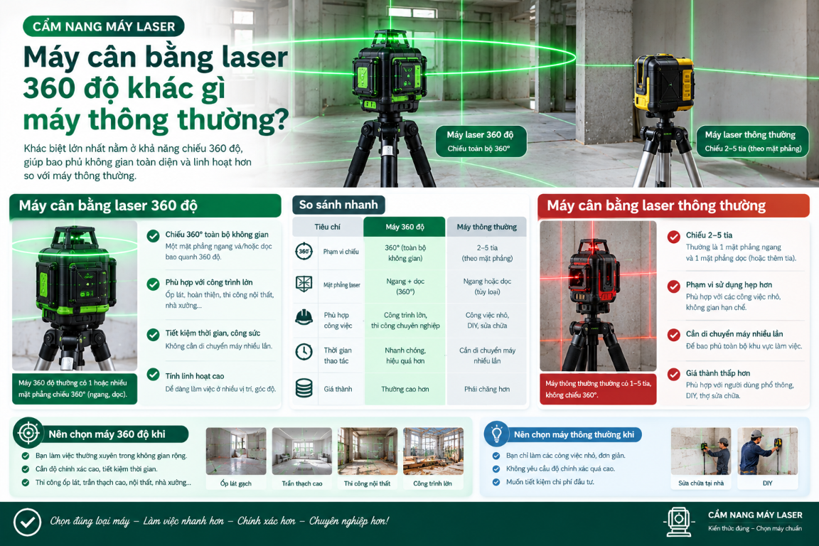 Infographic so sánh máy cân bằng laser 360 độ với máy cân bằng laser thông thường